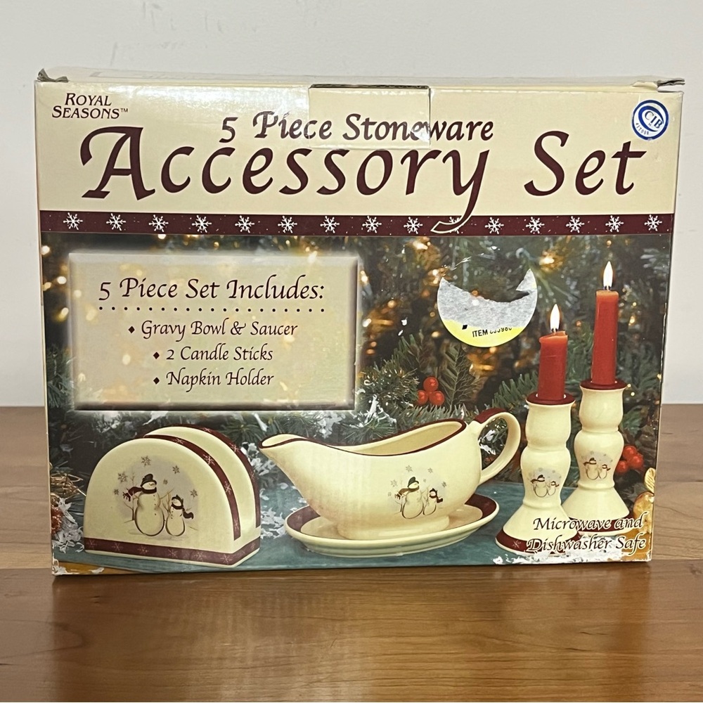 Royal Seasons 5 Piece Stoneware Accessory Set Snowman Holiday‎ Christmas